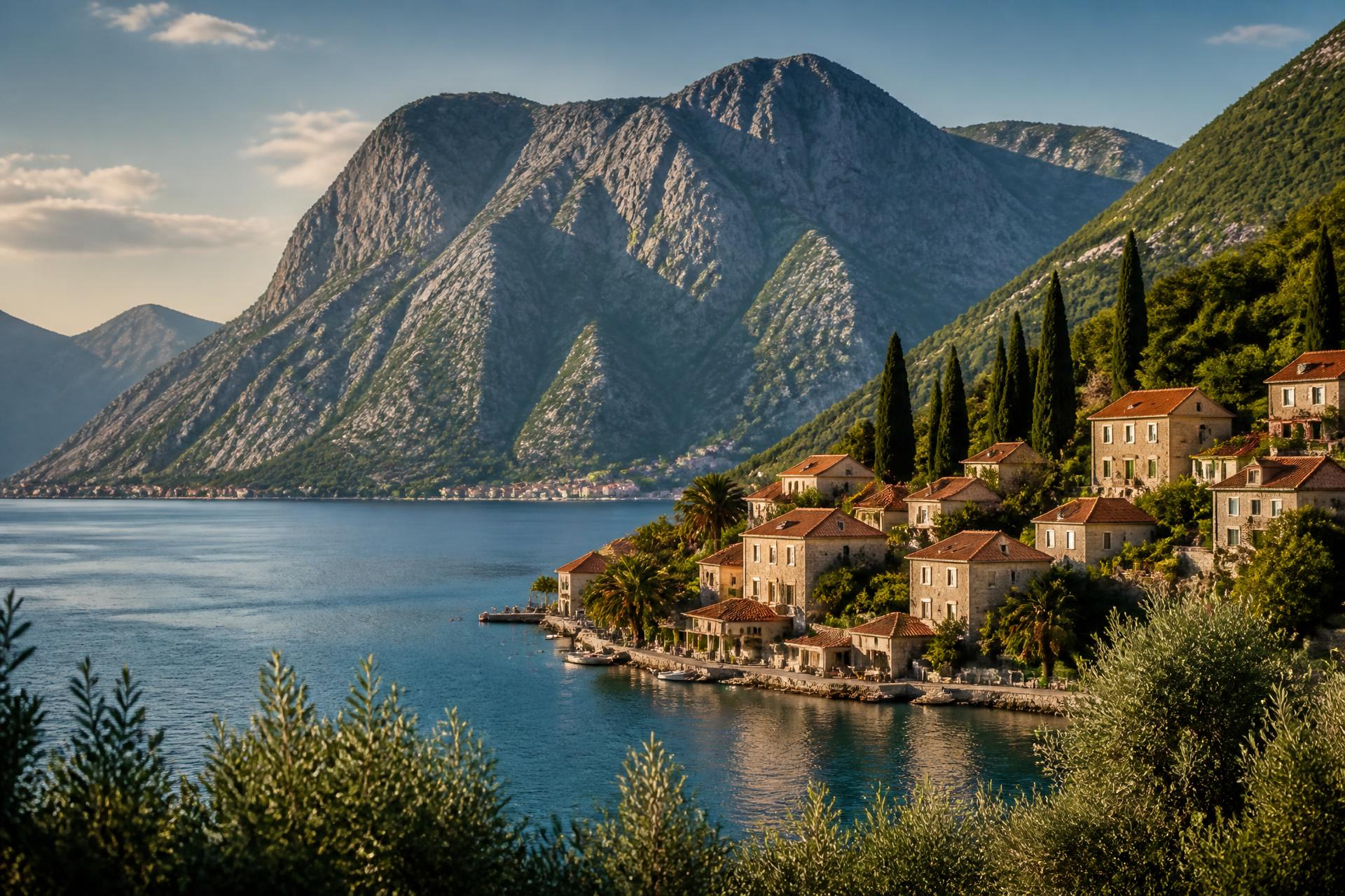 Morning light over the Bay of Kotor with stone terraces and cypress trees